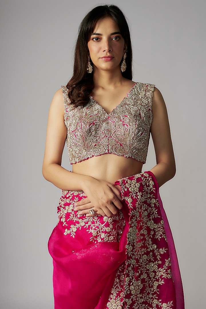 Hot Pink Organza Bridal Saree Set by Mrunalini Rao at Pernia's Pop Up Shop