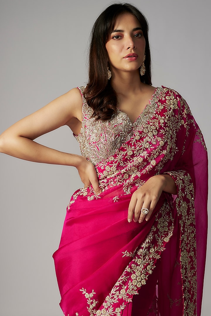 Hot Pink Organza Bridal Saree Set by Mrunalini Rao at Pernia's Pop Up Shop