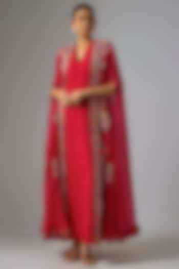 Red Organza & Matka Silk Embroidered Jacket Party Wear Dress by Mrunalini Rao at Pernia's Pop Up Shop