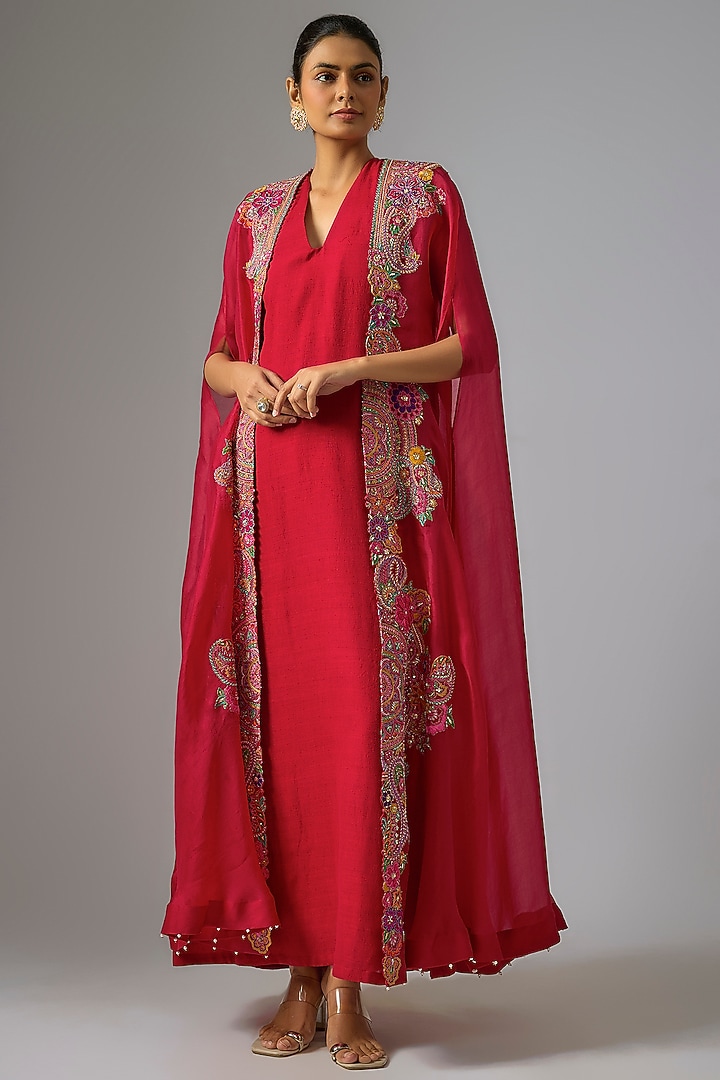 Red Organza & Matka Silk Embroidered Jacket Party Wear Dress by Mrunalini Rao at Pernia's Pop Up Shop