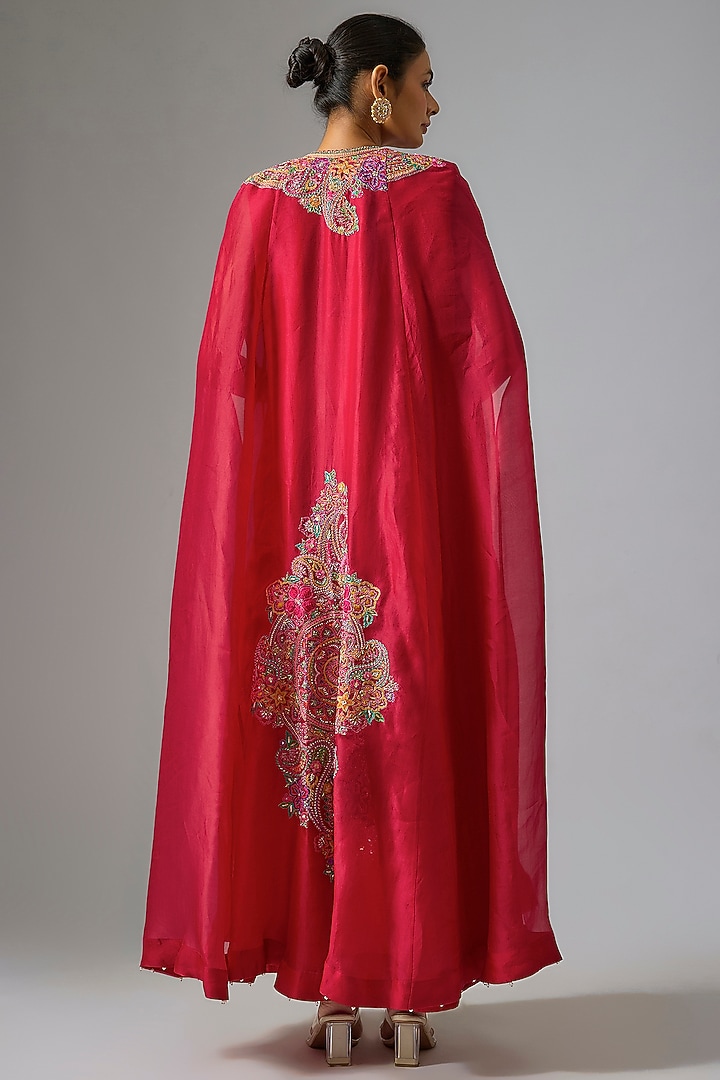 Red Organza & Matka Silk Embroidered Jacket Party Wear Dress by Mrunalini Rao at Pernia's Pop Up Shop