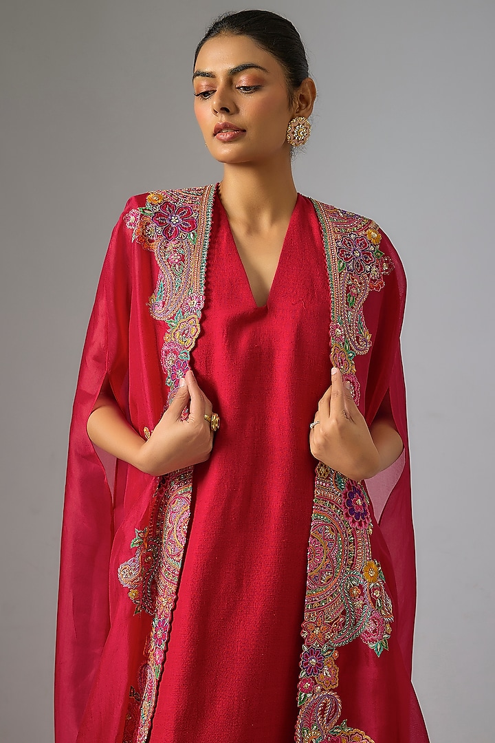 Red Organza & Matka Silk Embroidered Jacket Party Wear Dress by Mrunalini Rao at Pernia's Pop Up Shop