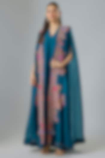 Dark Teal Organza Thread Embroidered Cape Party Wear Dress by Mrunalini Rao at Pernia's Pop Up Shop