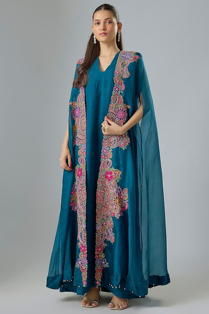Dark Teal Organza Thread Embroidered Cape Party Wear Dress by Mrunalini Rao at Pernia's Pop Up Shop