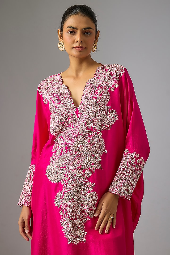 Fuchsia Pure Silk Zardosi Hand Embroidered Kaftan Set by Mrunalini Rao at Pernia's Pop Up Shop