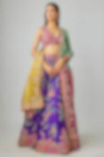Purple Silk Floral Jaal & Zardosi Embroidered Bridal Lehenga Set by Mrunalini Rao at Pernia's Pop Up Shop
