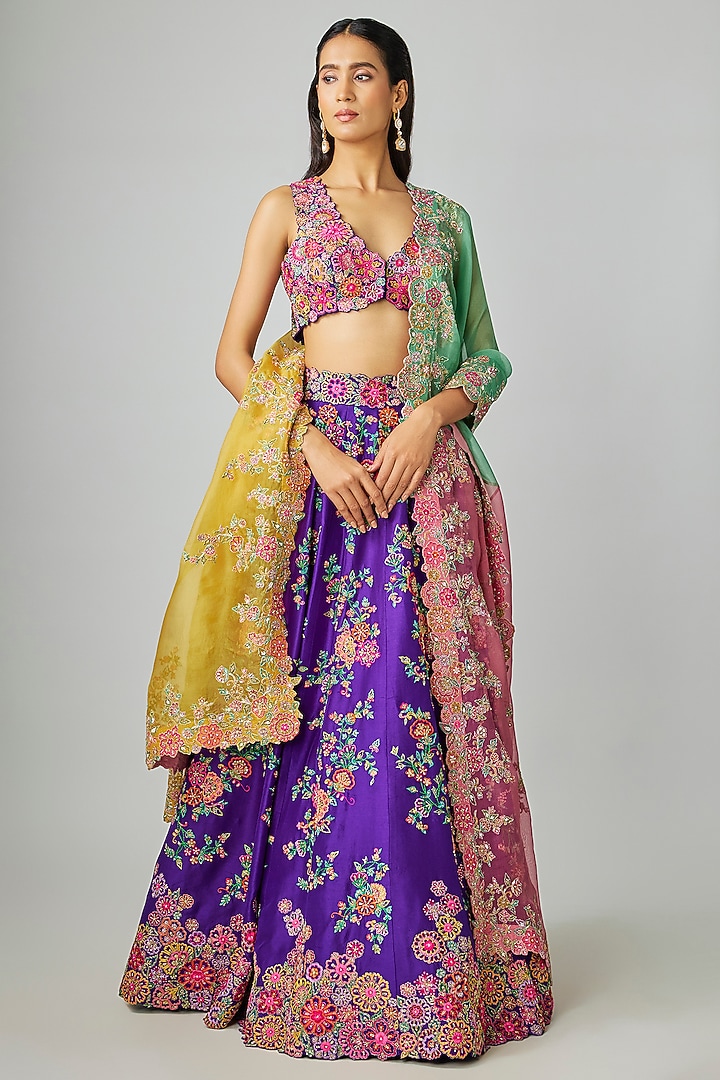 Purple Silk Floral Jaal & Zardosi Embroidered Bridal Lehenga Set by Mrunalini Rao at Pernia's Pop Up Shop