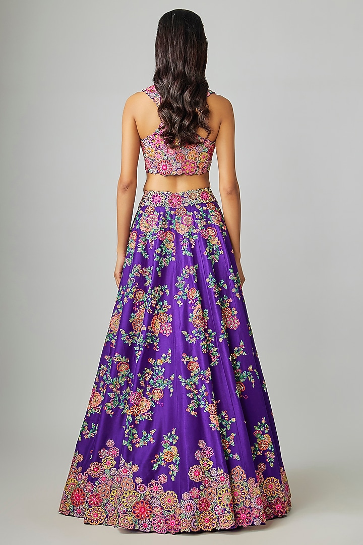 Purple Silk Floral Jaal & Zardosi Embroidered Bridal Lehenga Set by Mrunalini Rao at Pernia's Pop Up Shop