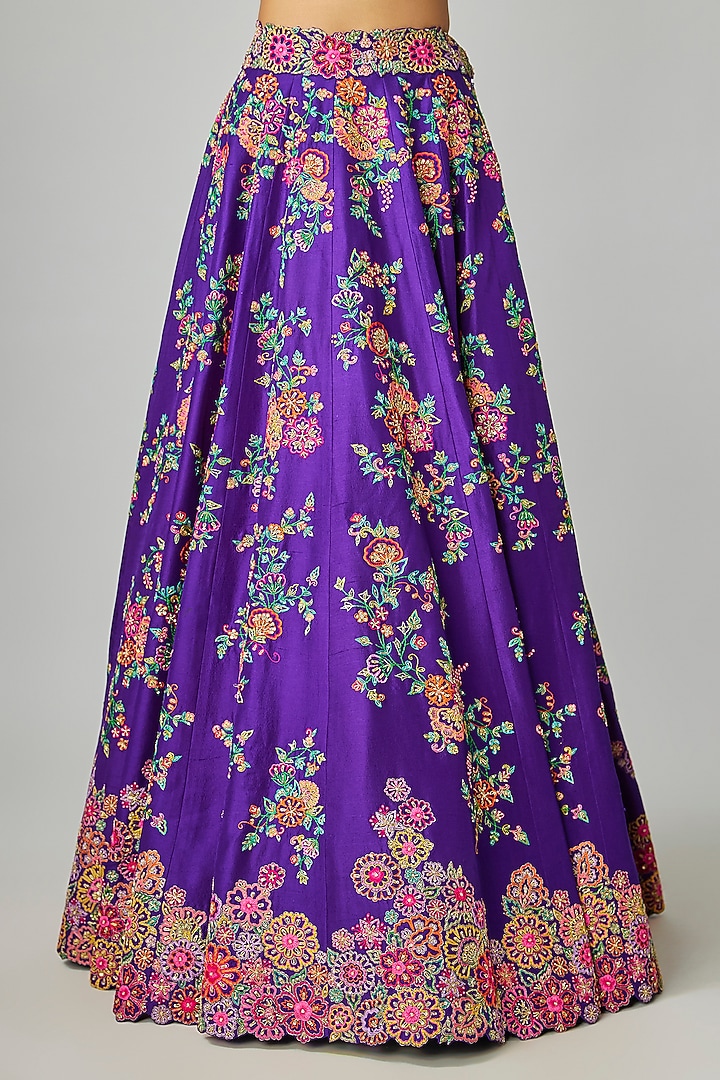 Purple Silk Floral Jaal & Zardosi Embroidered Bridal Lehenga Set by Mrunalini Rao at Pernia's Pop Up Shop