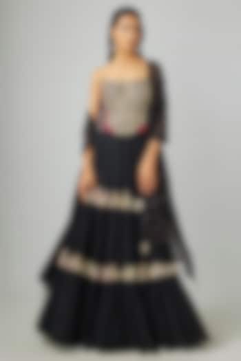 Black Georgette Zardosi Embroidered Tiered Bridal Lehenga Set by Mrunalini Rao at Pernia's Pop Up Shop
