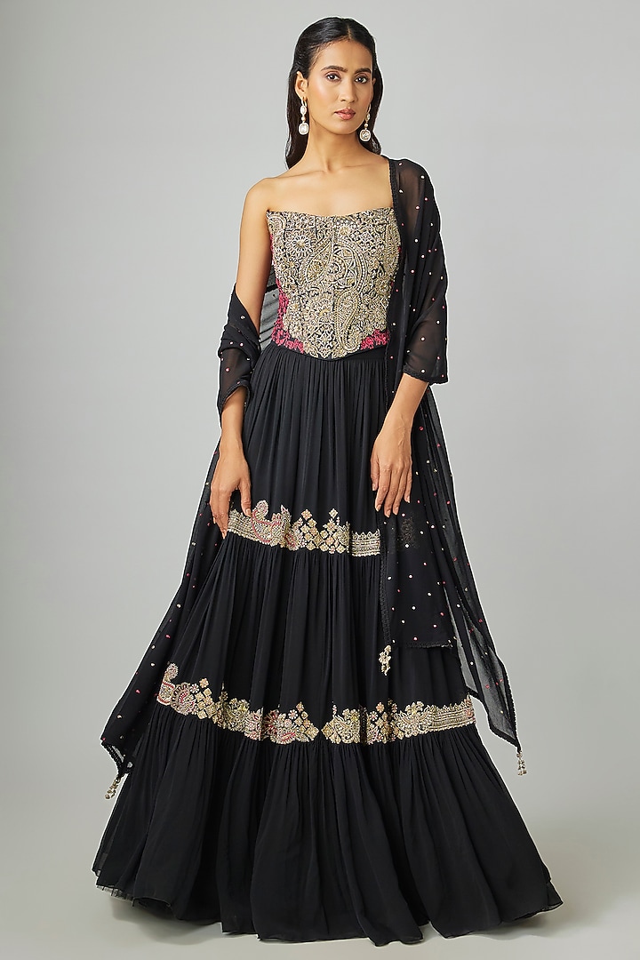 Black Georgette Zardosi Embroidered Tiered Bridal Lehenga Set by Mrunalini Rao at Pernia's Pop Up Shop