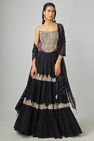 Black Georgette Zardosi Embroidered Tiered Lehenga Set by Mrunalini Rao