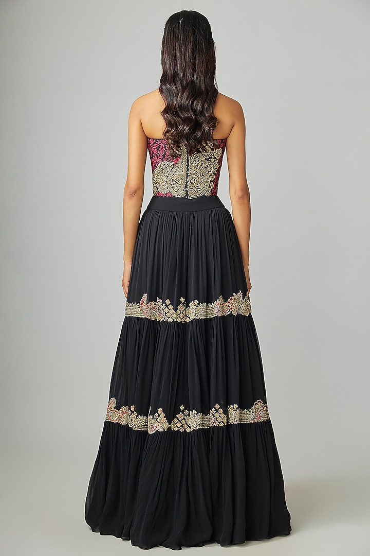 Black Georgette Zardosi Embroidered Tiered Bridal Lehenga Set by Mrunalini Rao at Pernia's Pop Up Shop