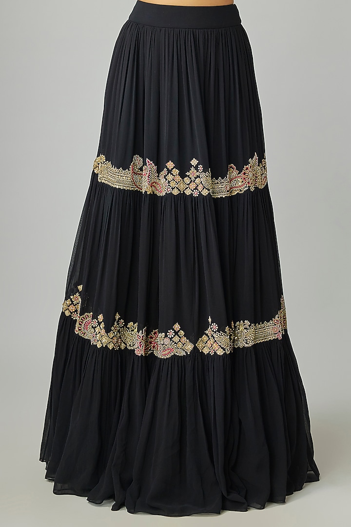 Black Georgette Zardosi Embroidered Tiered Bridal Lehenga Set by Mrunalini Rao at Pernia's Pop Up Shop