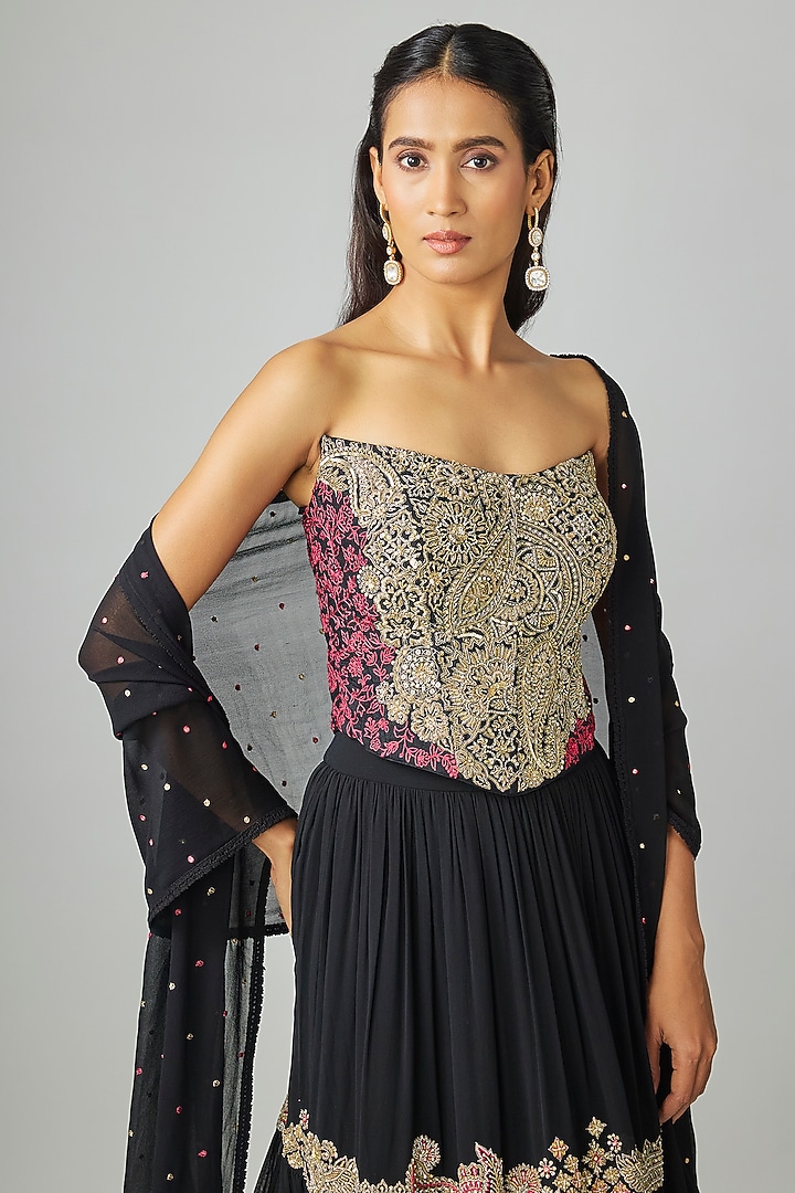 Black Georgette Zardosi Embroidered Tiered Bridal Lehenga Set by Mrunalini Rao at Pernia's Pop Up Shop