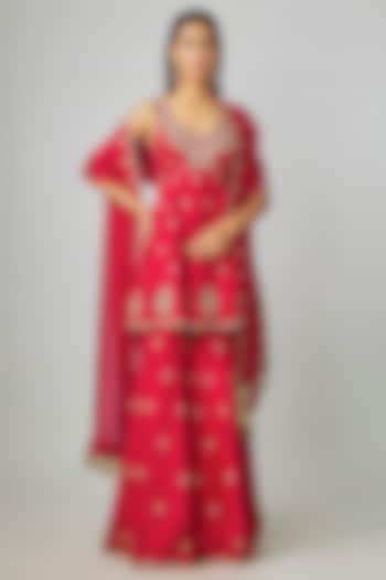 Red Silk Zardosi Embroidered Bridal Sharara Set by Mrunalini Rao at Pernia's Pop Up Shop