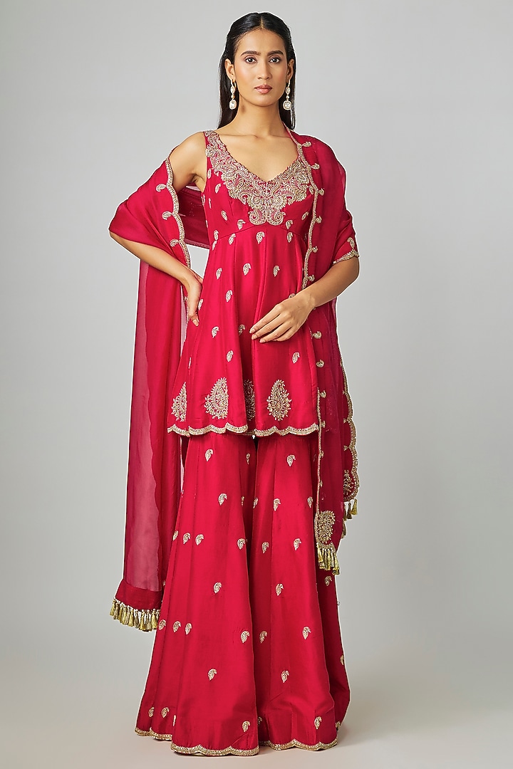 Red Silk Zardosi Embroidered Bridal Sharara Set by Mrunalini Rao at Pernia's Pop Up Shop