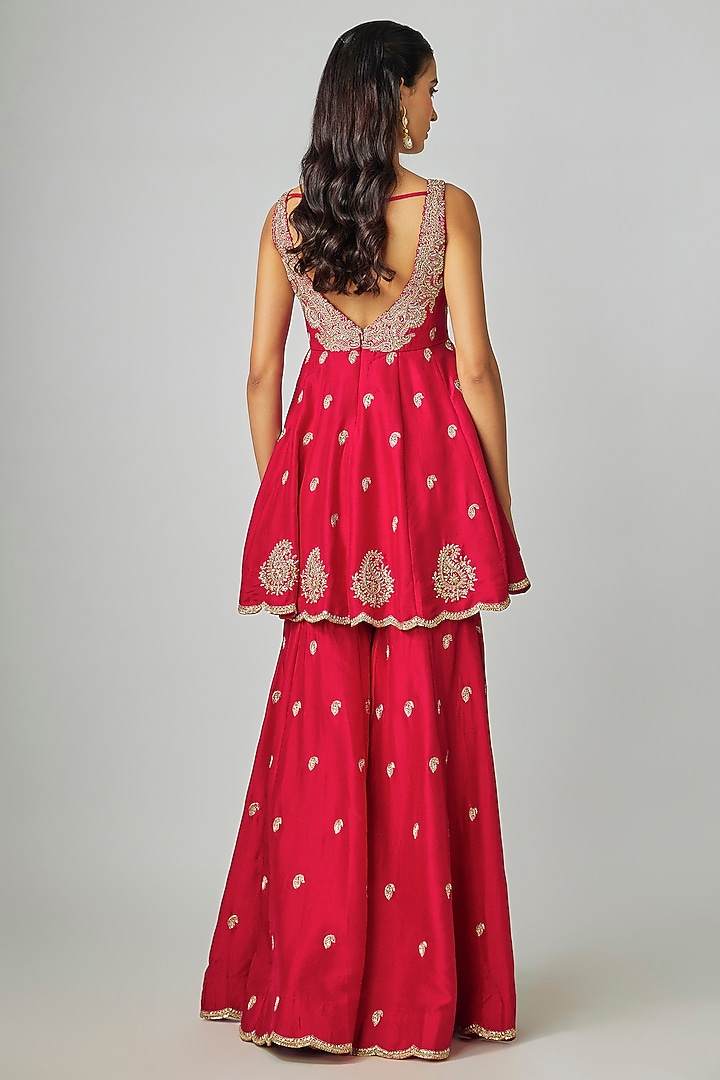 Red Silk Zardosi Embroidered Bridal Sharara Set by Mrunalini Rao at Pernia's Pop Up Shop