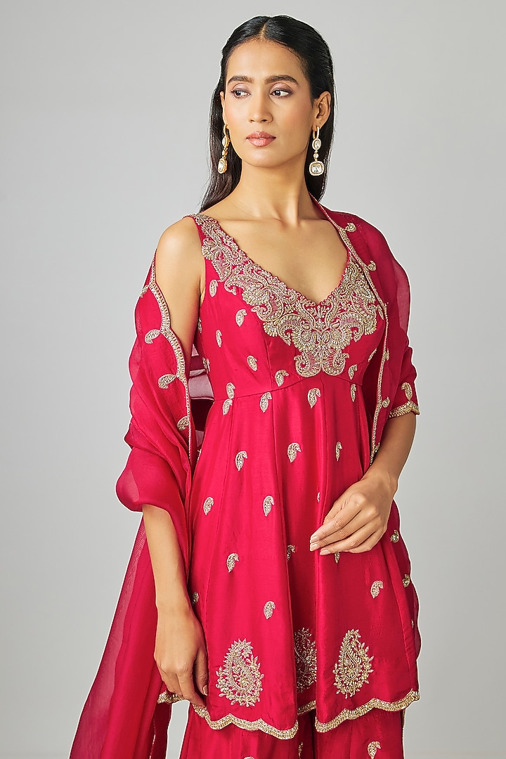 Red Silk Zardosi Embroidered Bridal Sharara Set by Mrunalini Rao at Pernia's Pop Up Shop