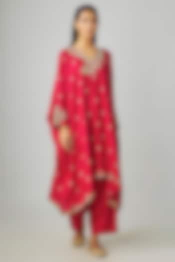 Red Silk Embroidered Kaftan Set by Mrunalini Rao at Pernia's Pop Up Shop