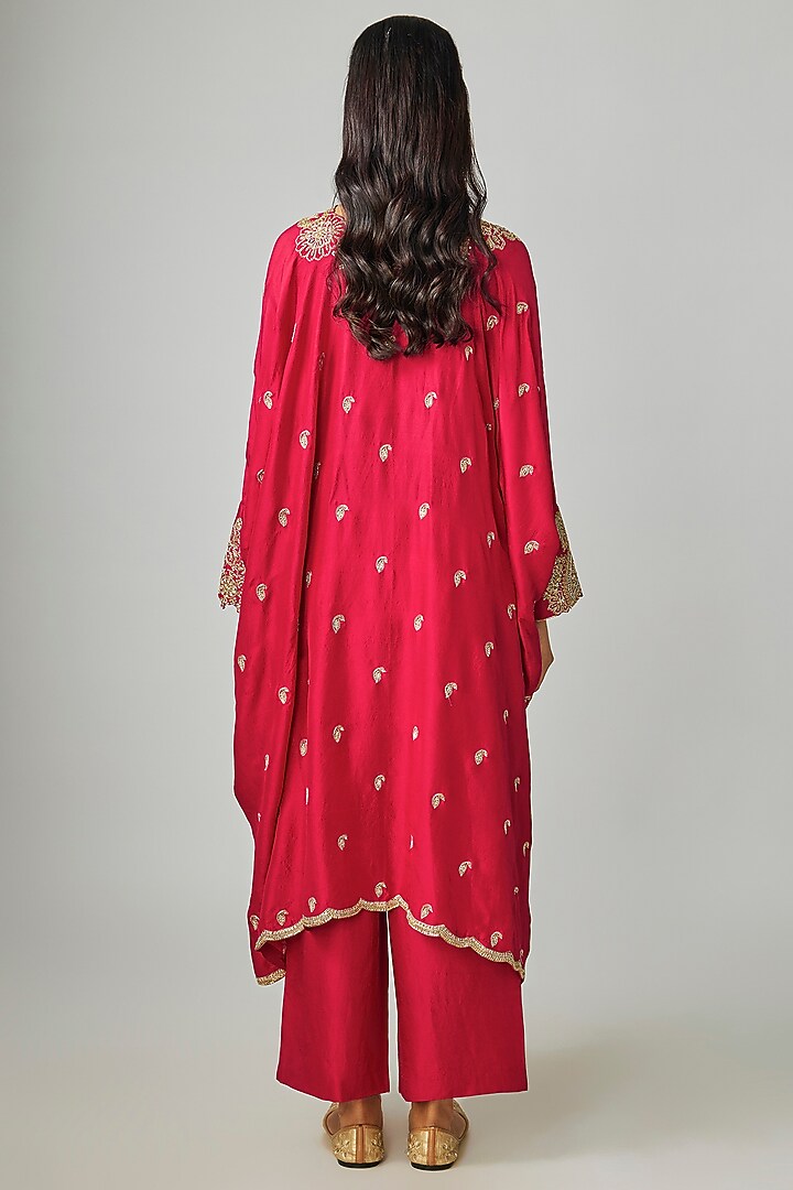 Red Silk Embroidered Kaftan Set by Mrunalini Rao at Pernia's Pop Up Shop