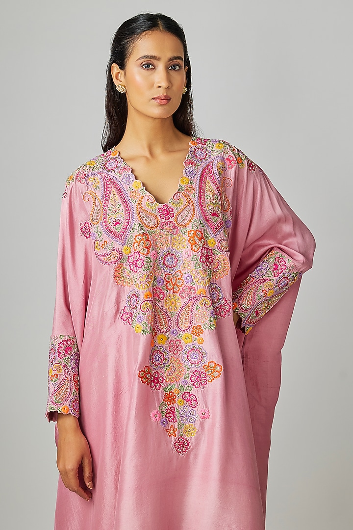 Pastel Pink Silk Floral Hand Embroidered Kaftan Set by Mrunalini Rao at Pernia's Pop Up Shop