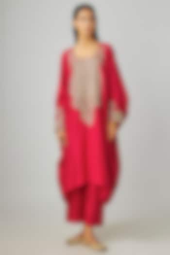 Red Silk Zardosi & Resham Embroidered Kaftan Set by Mrunalini Rao at Pernia's Pop Up Shop