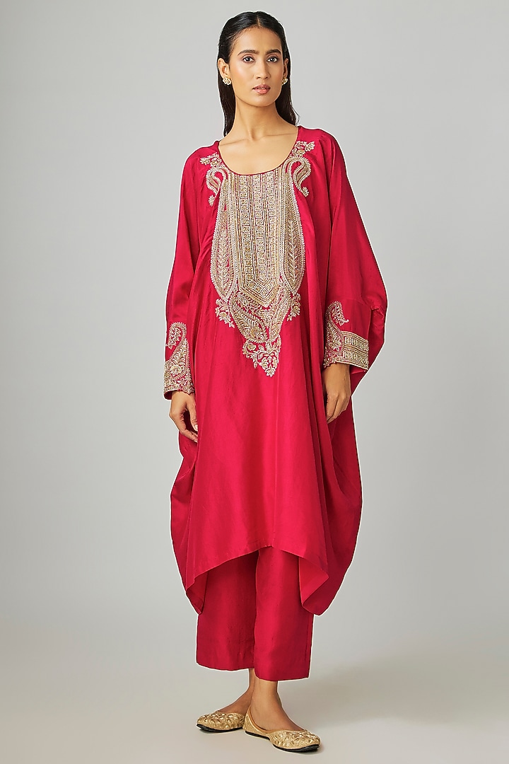 Red Silk Zardosi & Resham Embroidered Kaftan Set by Mrunalini Rao at Pernia's Pop Up Shop