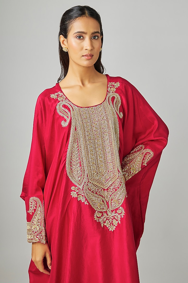Red Silk Zardosi & Resham Embroidered Kaftan Set by Mrunalini Rao at Pernia's Pop Up Shop