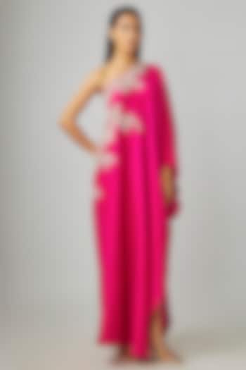 Pink Pure Silk Zardosi Embroidered One-Shoulder Kaftan by Mrunalini Rao at Pernia's Pop Up Shop