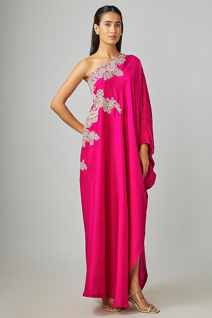 Pink Pure Silk Zardosi Embroidered One-Shoulder Kaftan by Mrunalini Rao at Pernia's Pop Up Shop
