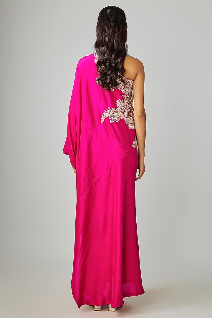 Pink Pure Silk Zardosi Embroidered One-Shoulder Kaftan by Mrunalini Rao at Pernia's Pop Up Shop