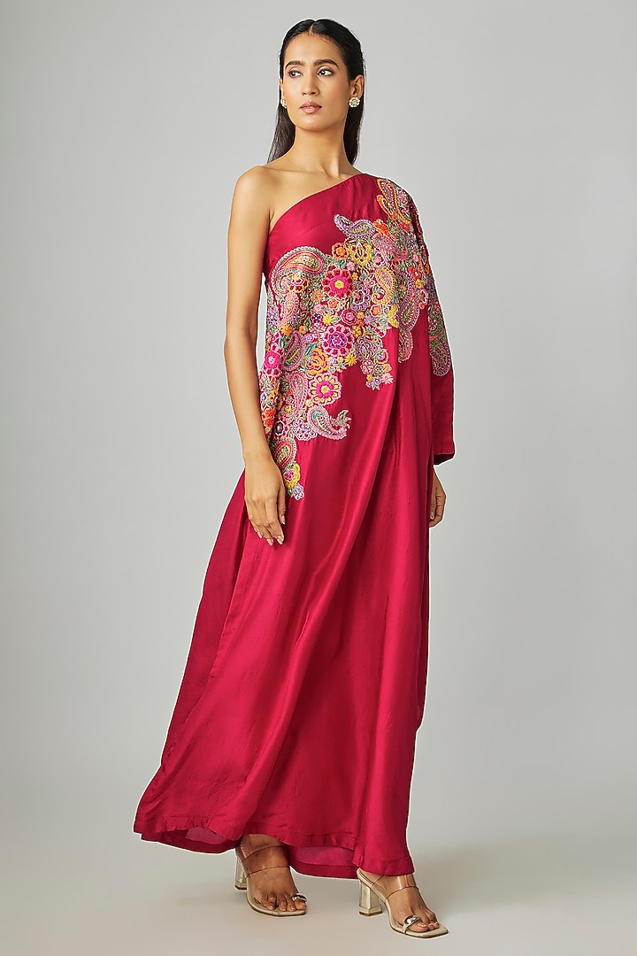 Maroon Pure Silk Zardosi Embroidered One-Shoulder Kaftan by Mrunalini Rao at Pernia's Pop Up Shop