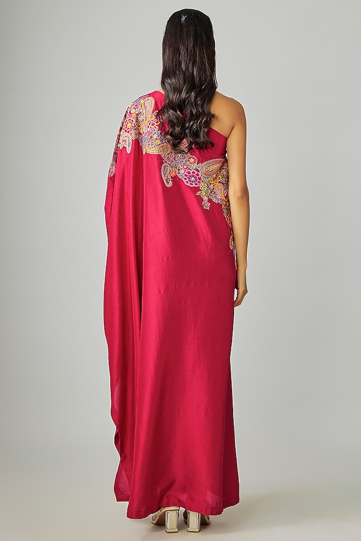Maroon Pure Silk Zardosi Embroidered One-Shoulder Kaftan by Mrunalini Rao at Pernia's Pop Up Shop