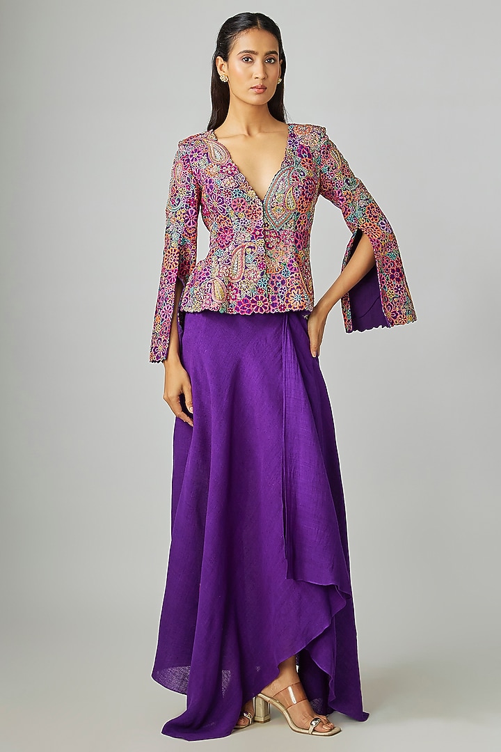 Purple Raw Silk & Matka Silk Skirt Set by Mrunalini Rao at Pernia's Pop Up Shop