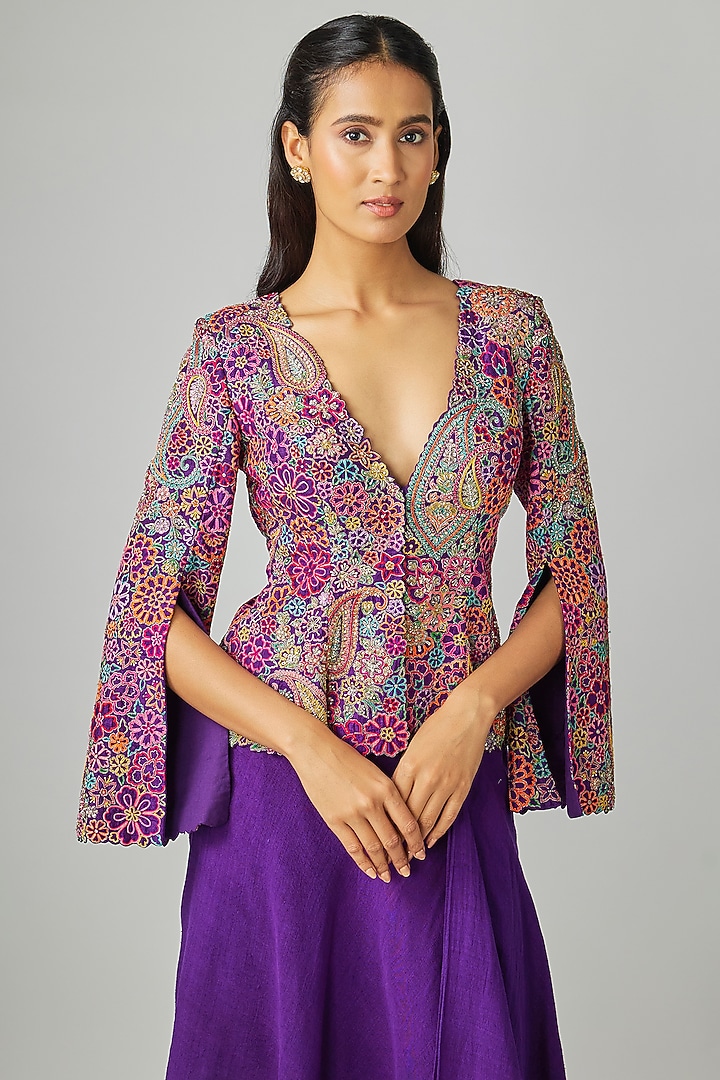 Purple Raw Silk & Matka Silk Skirt Set by Mrunalini Rao at Pernia's Pop Up Shop