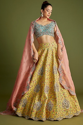 Yellow Raw Silk & Organza Embroidered Lehenga Set by Mrunalini Rao