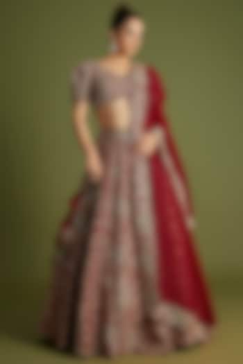 Red Raw Silk Embroidered Bridal Lehenga Set by Mrunalini Rao at Pernia's Pop Up Shop