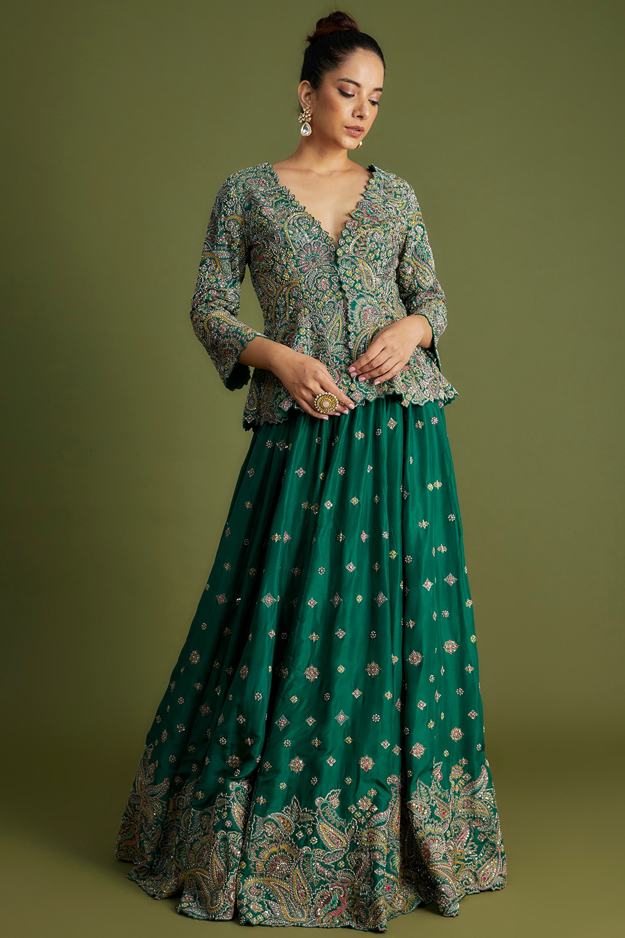 Jeweled Jade Banarasi Sequin Embroidered Jacket Lehenga Set- Plus Size  Clothing(XS-10XL)