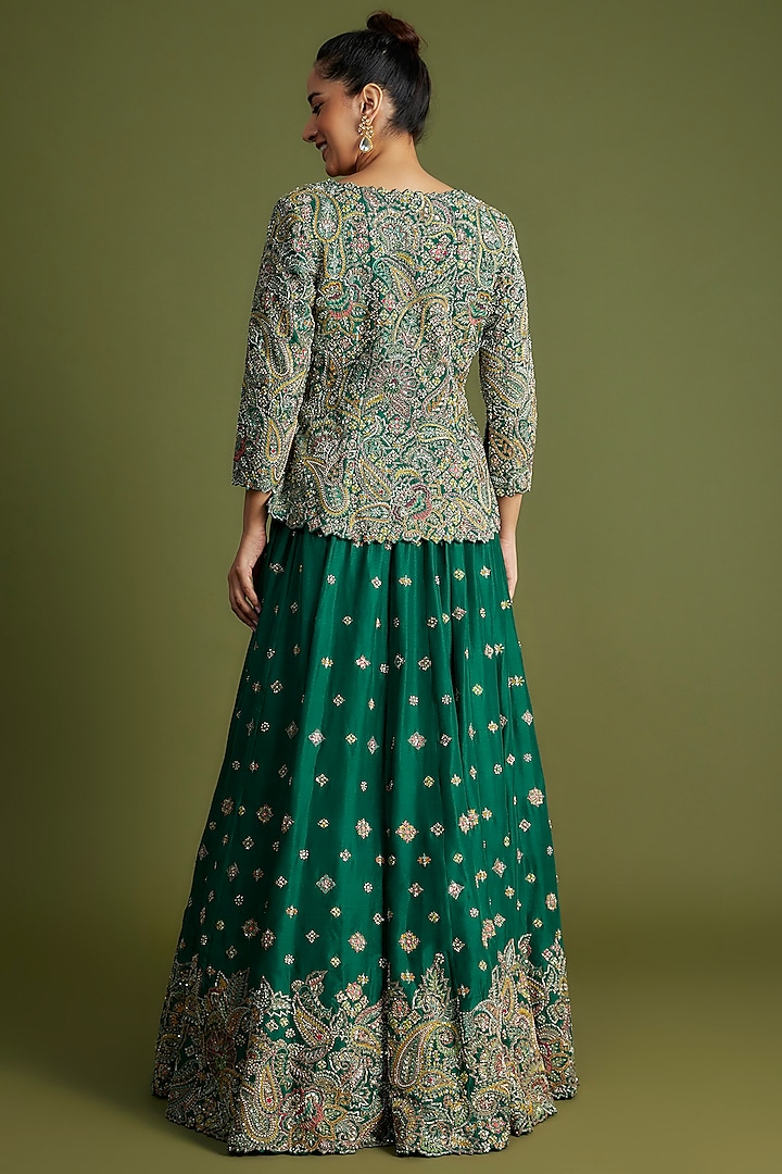 Emerald Green Raw Silk & Silk Embroidered Jacket Bridal Lehenga Set by Mrunalini Rao at Pernia's Pop Up Shop