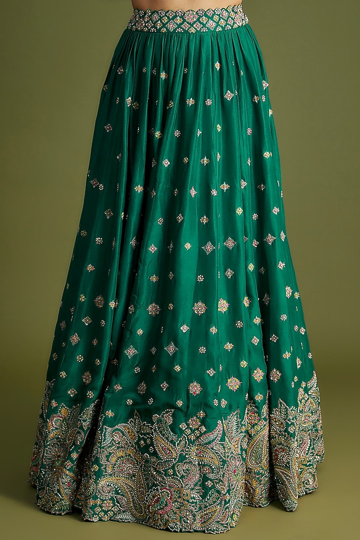 Emerald Green Raw Silk & Silk Embroidered Jacket Bridal Lehenga Set by Mrunalini Rao at Pernia's Pop Up Shop