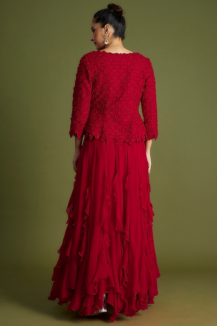 Red Raw Silk & Organza Embroidered Jacket Set by Mrunalini Rao at Pernia's Pop Up Shop