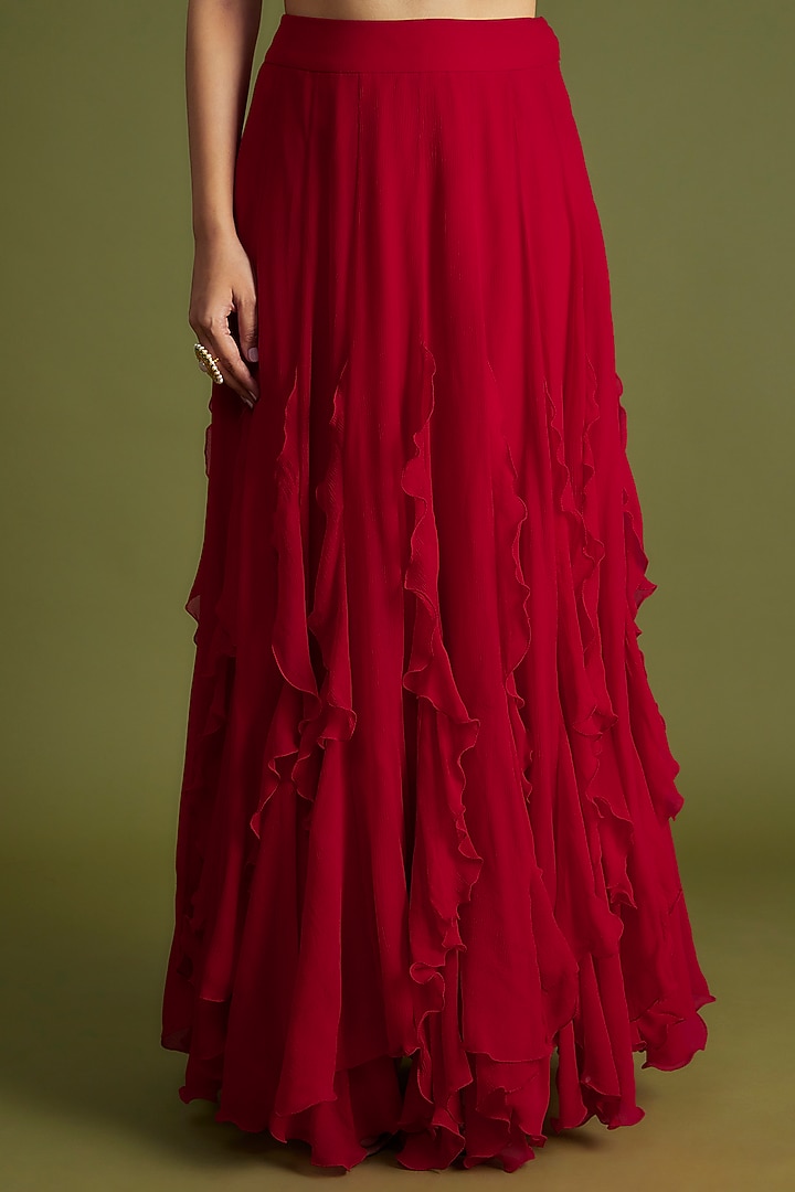Red Raw Silk & Organza Embroidered Jacket Set by Mrunalini Rao at Pernia's Pop Up Shop