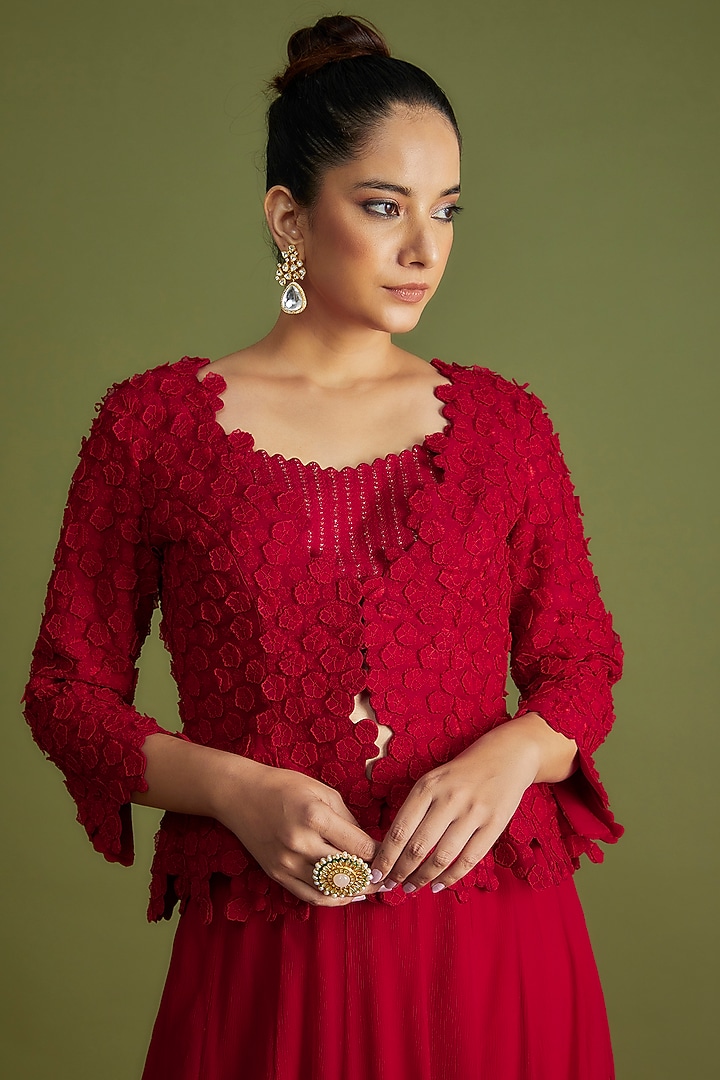 Red Raw Silk & Organza Embroidered Jacket Set by Mrunalini Rao at Pernia's Pop Up Shop