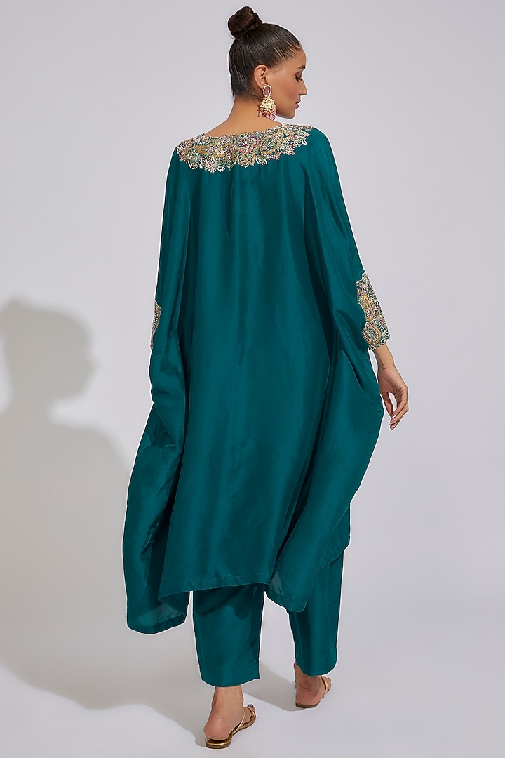 Blue Pure Silk Embroidered Kaftan Set by Mrunalini Rao at Pernia's Pop Up Shop