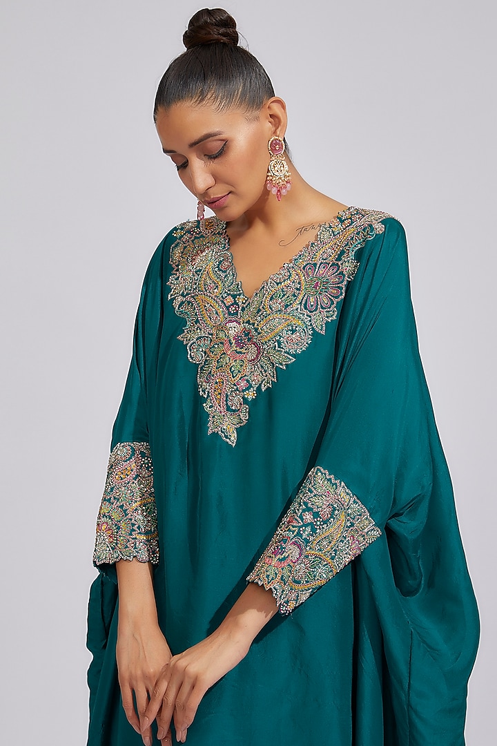 Blue Pure Silk Embroidered Kaftan Set by Mrunalini Rao at Pernia's Pop Up Shop