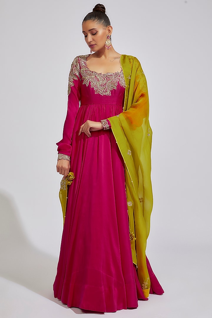 Pink Raw Silk Zardosi Embroidered Anarkali Set by Mrunalini Rao