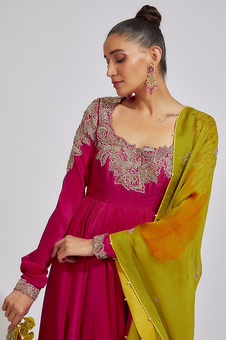 Pink Raw Silk Zardosi Embroidered Bridal Anarkali Set by Mrunalini Rao at Pernia's Pop Up Shop