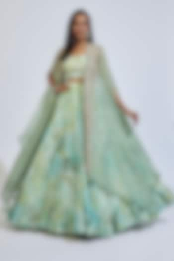 Mint Green Organza Embroidered Cape Set by Mrunalini Rao