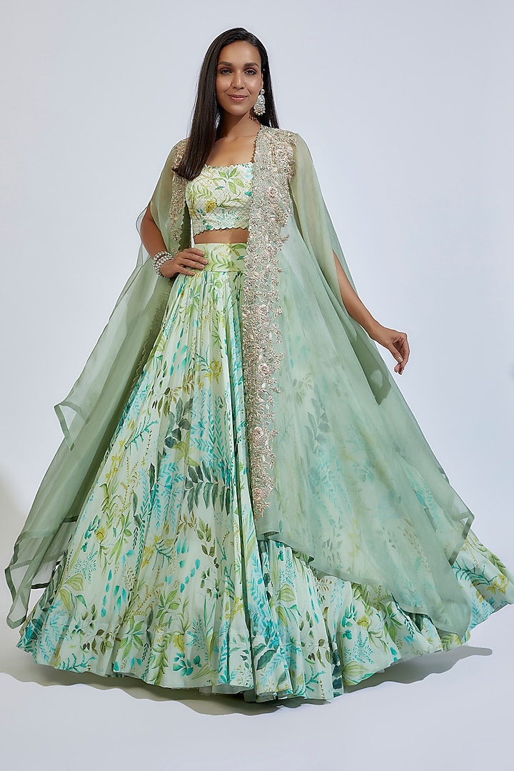 Mint Green Organza Embroidered Cape Set by Mrunalini Rao